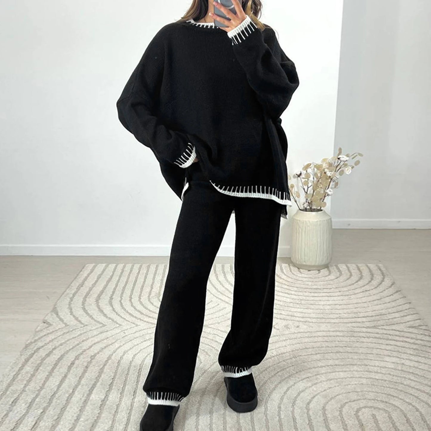 Women Fall Winter Casual Knitted Clothes Suit Contrast Color Crew Neck Long Sleeve Sweater with Pants Set Tracksuit