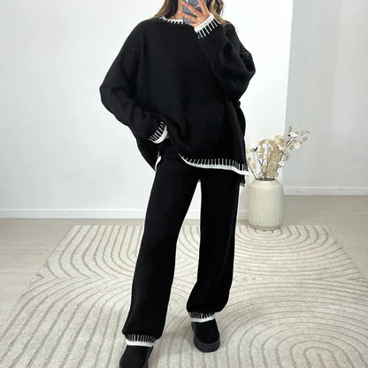Women Fall Winter Casual Knitted Clothes Suit Contrast Color Crew Neck Long Sleeve Sweater with Pants Set Tracksuit