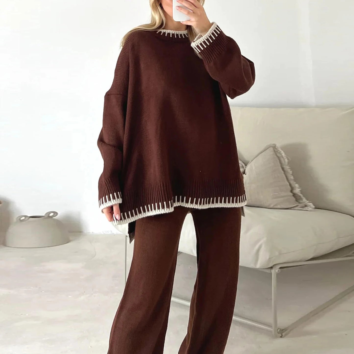 Women Fall Winter Casual Knitted Clothes Suit Contrast Color Crew Neck Long Sleeve Sweater with Pants Set Tracksuit