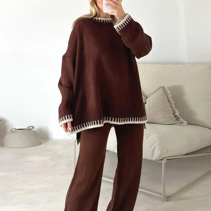 Women Fall Winter Casual Knitted Clothes Suit Contrast Color Crew Neck Long Sleeve Sweater with Pants Set Tracksuit