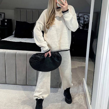 Women Fall Winter Casual Knitted Clothes Suit Contrast Color Crew Neck Long Sleeve Sweater with Pants Set Tracksuit