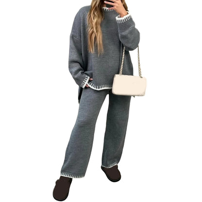 Women Fall Winter Casual Knitted Clothes Suit Contrast Color Crew Neck Long Sleeve Sweater with Pants Set Tracksuit