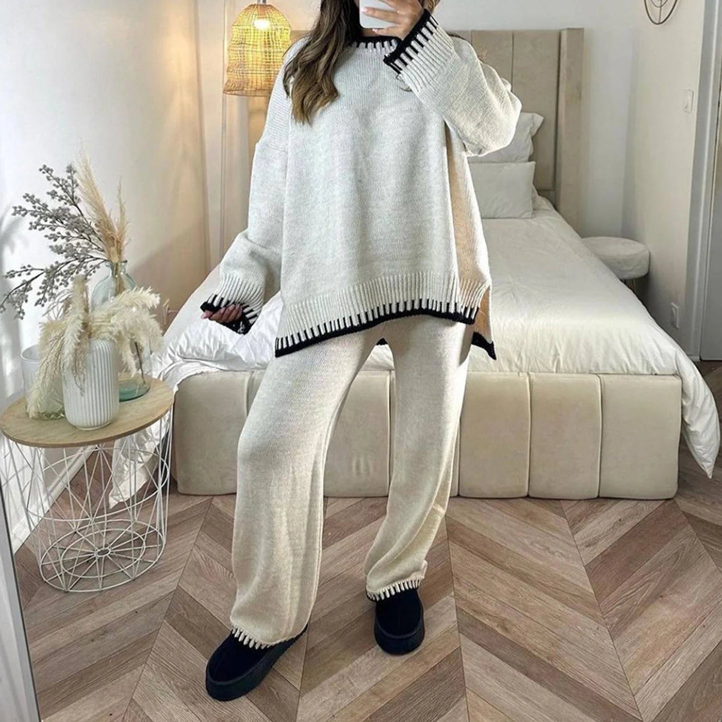 Women Fall Winter Casual Knitted Clothes Suit Contrast Color Crew Neck Long Sleeve Sweater with Pants Set Tracksuit