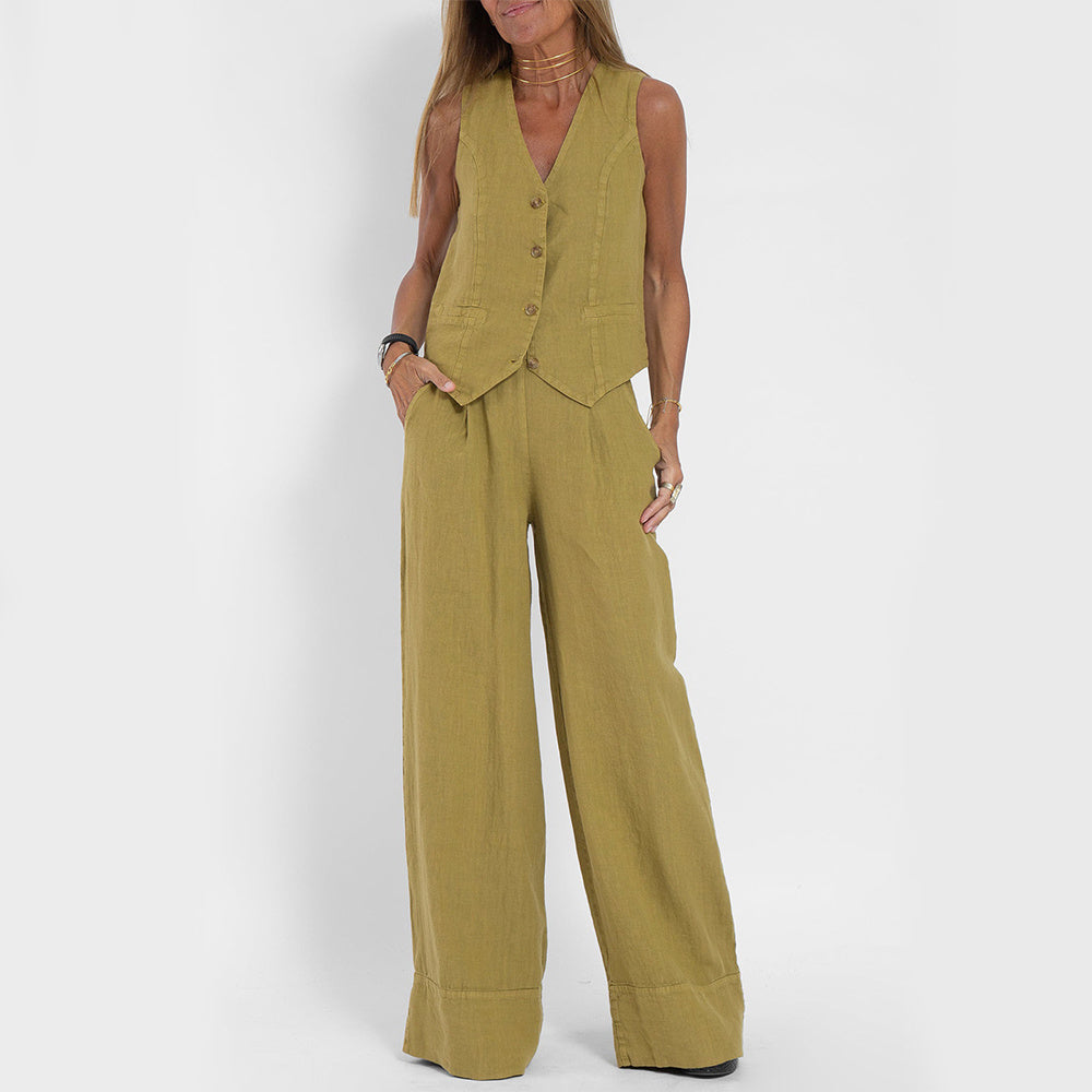 Amina's™ Summer V-Neck Vest & Loose Trousers Set – Casual Women's Chic