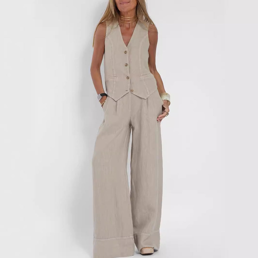 Amina's™ Summer V-Neck Vest & Loose Trousers Set – Casual Women's Chic
