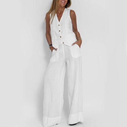 Amina's™ Summer V-Neck Vest & Loose Trousers Set – Casual Women's Chic